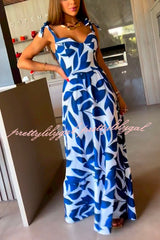 High Waisted Strappy Floral Print Halter Panel Maxi Dress