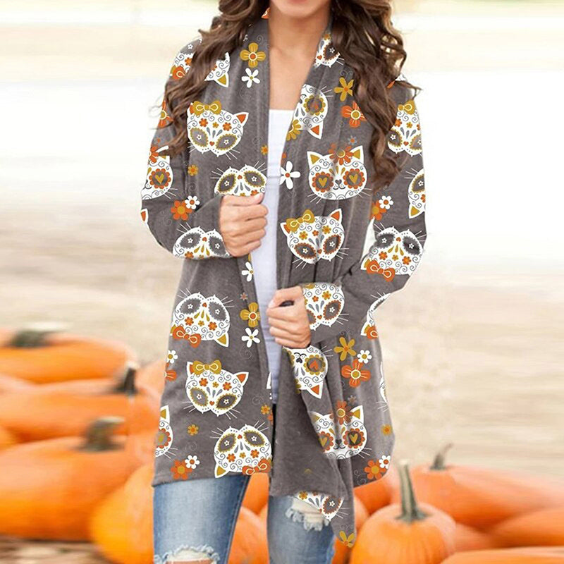 Halloween Cute Cat Print Long Sleeve Cardigan