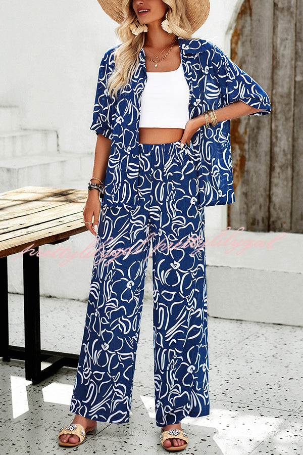 Irregular Printed Button Pocket Long Sleeved Shirt and Elastic Waist Pants Set