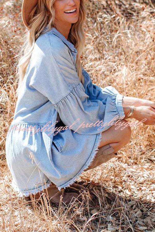 Madden Pocketed Chambray Button Down Denim Tunic Dress
