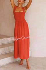 Bendita Pocketed Smocked Cross Back Midi Dress