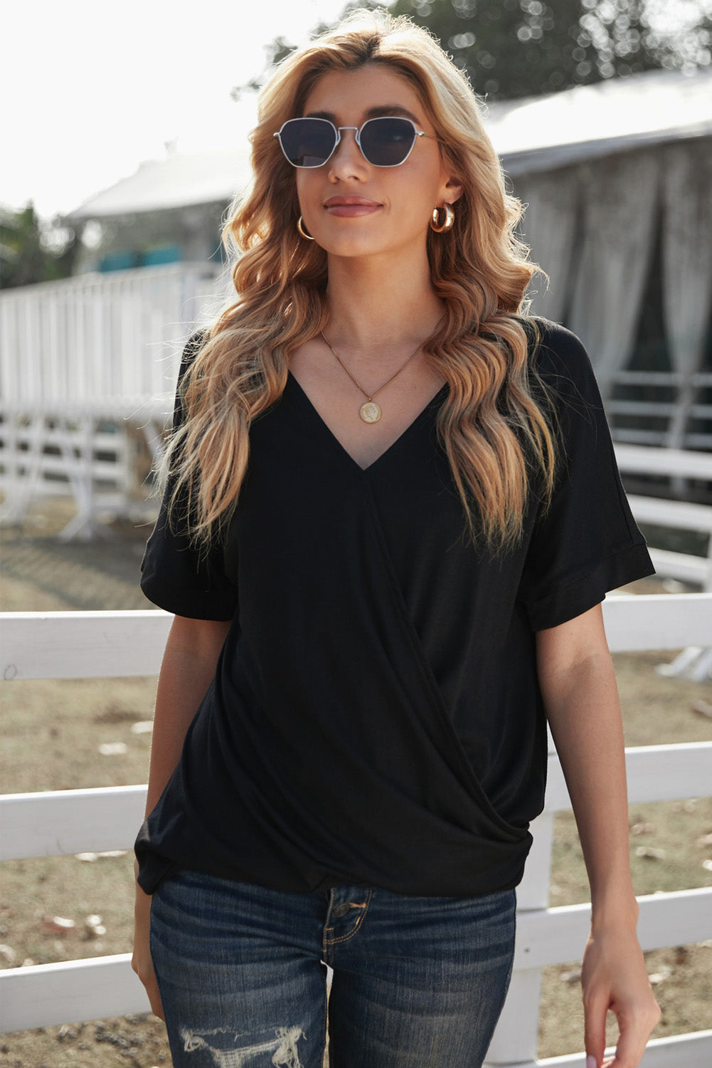 Women's Black V Neck Short Sleeves Drape Knit Top
