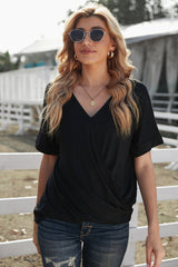 Women's Black V Neck Short Sleeves Drape Knit Top