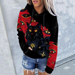 Halloween Cat Print Long Sleeve Hoodie