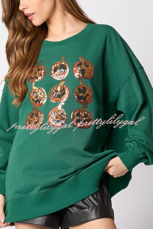 Halloween Pumpkin Sequin Loose Casual Sweatshirt