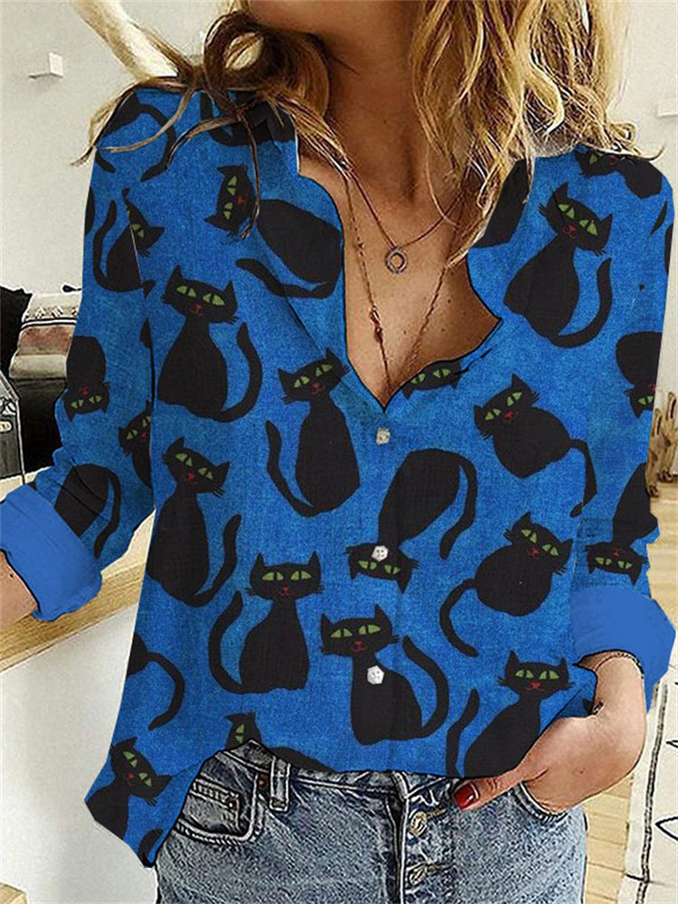 Halloween Cat Contrast Color Blouse
