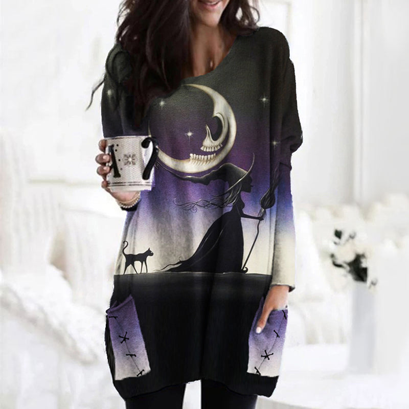 Halloween Spooky Night Witch Patch Pocket Tunic