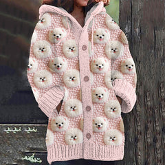 Cute Puppy Faux Embroidery Art Long Sleeve Knitted Hooded Cardigan