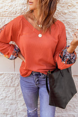 Women's Orange Long Sleeve Contrast Eyelet Thermal Knit Top
