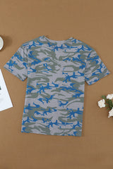 Women's Women Green Blue Short Sleeve MAMA Graphic Modern Camo Tee