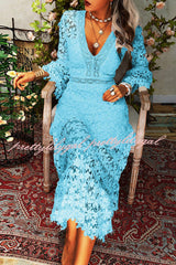 For The Love of Lace Flower Pattern Patchwork Bell Sleeve Midi Dress