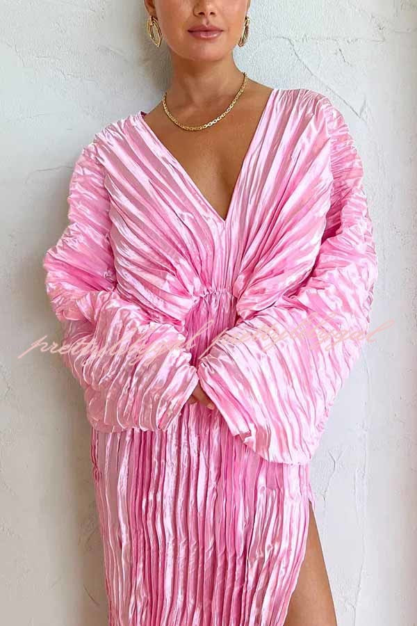 Sculpturally Luxurious Kimono Sleeve Pleated Cocoon Maxi Dress