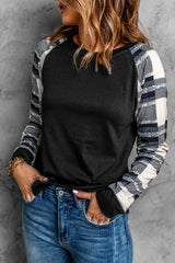 Women's Monochrome Plaid Long Sleeves Black Pullover Top