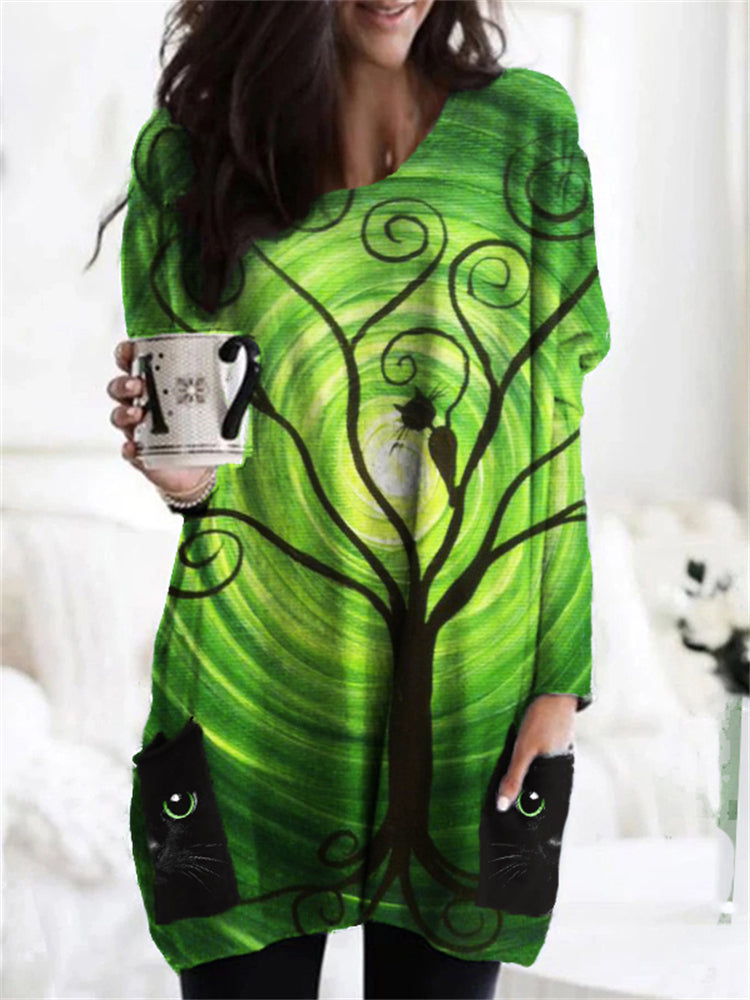 Black Cat Art Cat Face Patch Pocket Tunic
