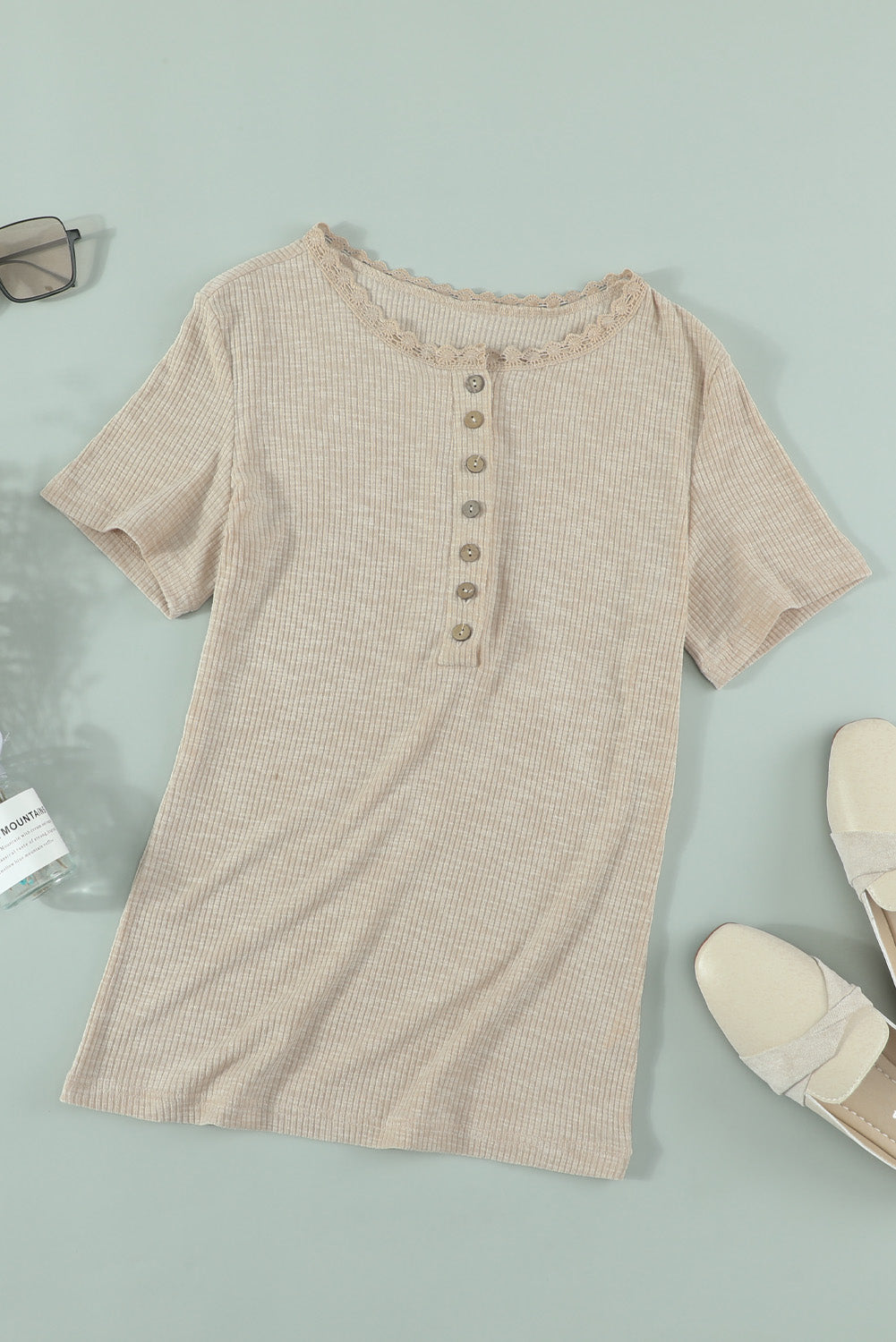 Women's Beige Crew Neck Buttoned Ribbed Knit Short Sleeve Top