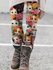 Women's Cat And Floral Print Casual Leggings