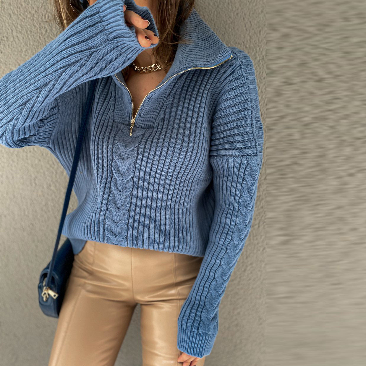 Polo Neck Twist Sweater Loose Casual Zipper Sweater