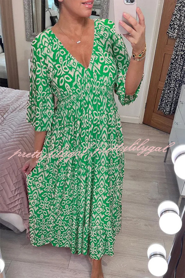 Fairytale Song Bohemian Print Stretch Frill Sleeve Loose Maxi Dress