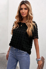 Women's Casual Black Swiss Dot Texture Short Sleeve Top