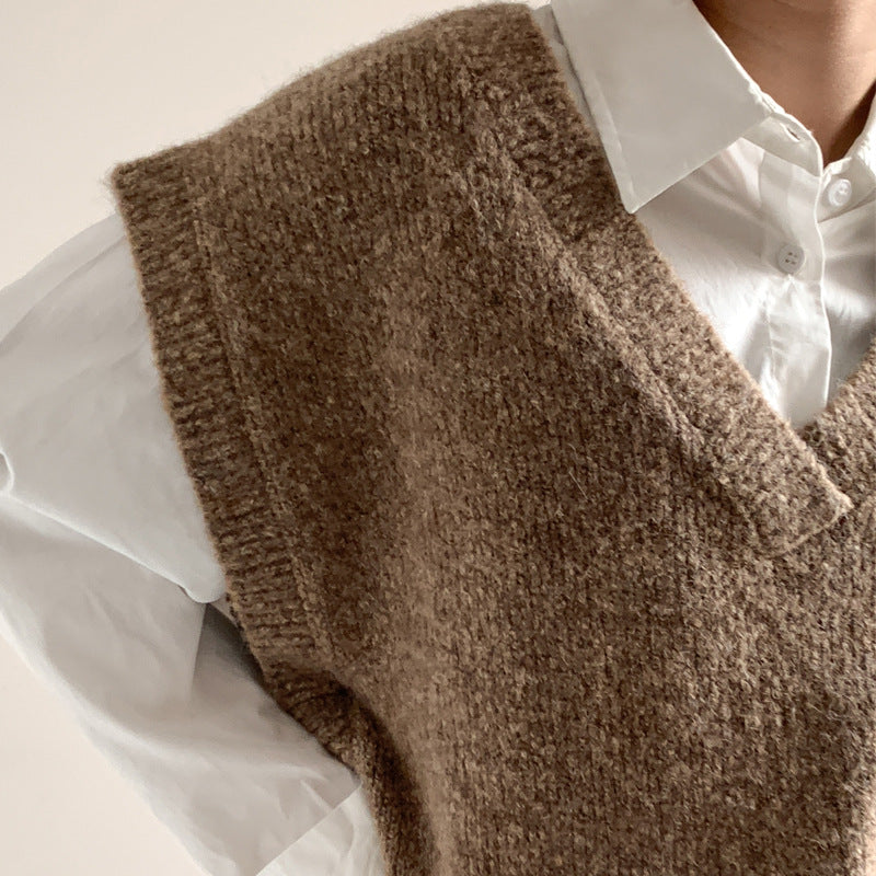 V-Neck Slit Belt Soft Waxy Sweater Jacket Vest
