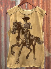 Men's Vintage Cowboy Ghost Skull Riding Horse Art Print Vest