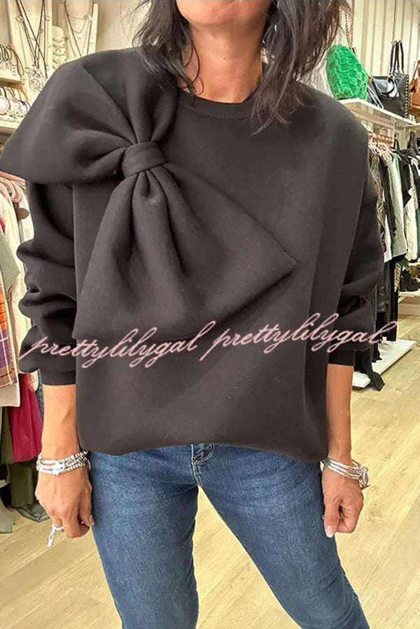 Solid Color Round Neck Long Sleeve Bow Loose Sweatshirts