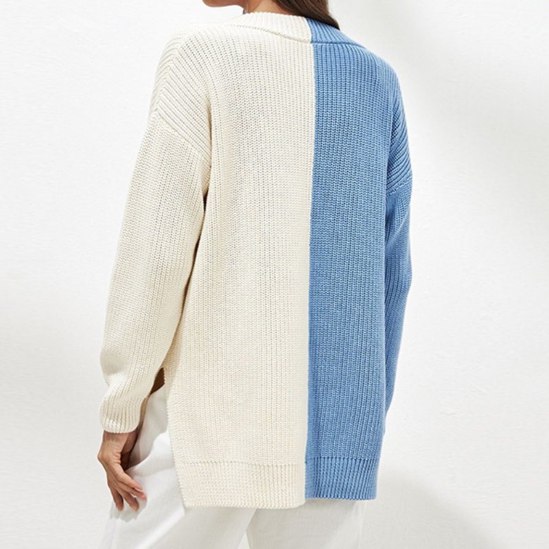 Patchwork V-Neck Loose Knit Woman