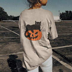 Halloween Pumpkin Cat Print T-Shirt