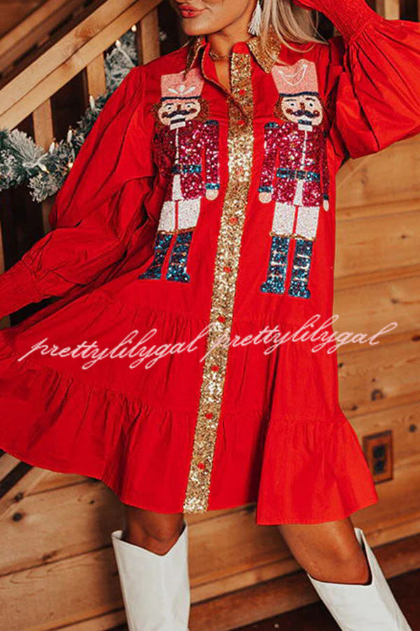 Nutcracker Sequined Button Down Long Sleeve Mini Dress