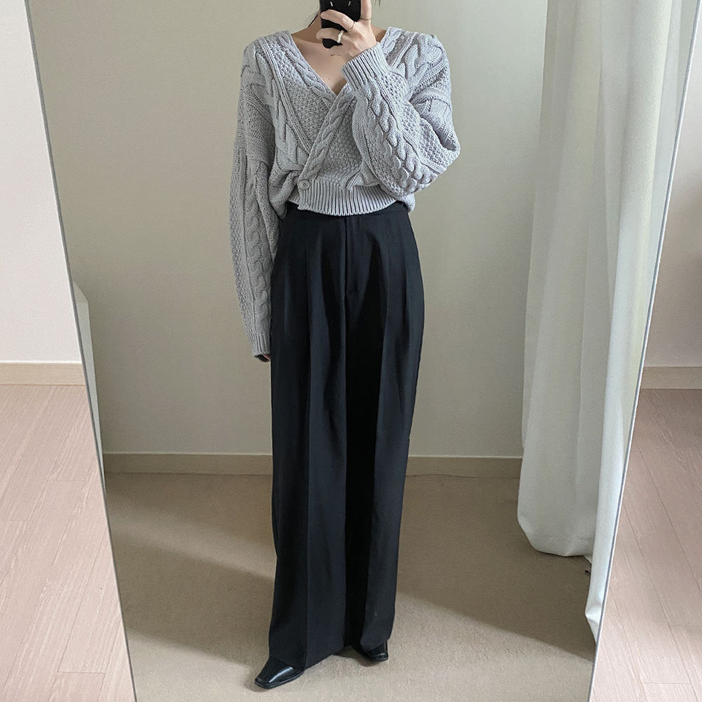 V-Neck Sweater Cropped Linen Pattern Knit Sweater