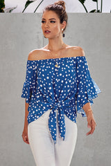 Women's Sky Blue Polka Dot 3/4 Bell Sleeve Front Tie Knot Off Shoulder Top