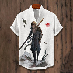 Men's Monkey King Black Myth Wukong Print Linen Blend Short Sleeve Shirt