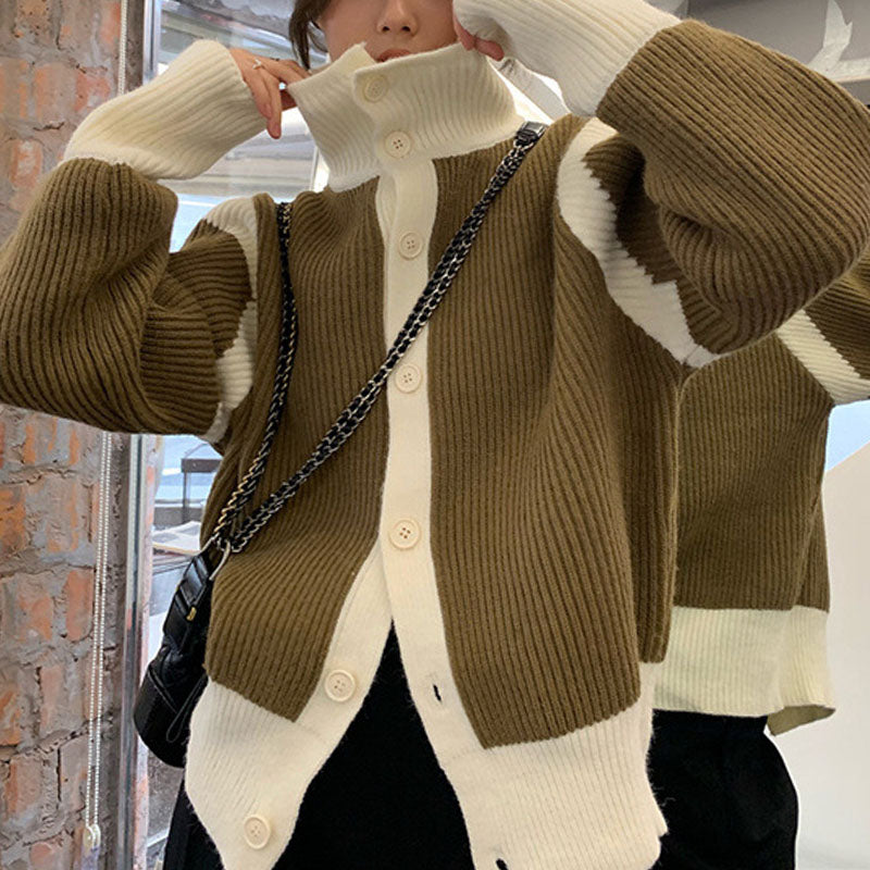 Loose soft waxy sweater with contrasting high neck