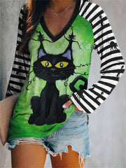 Halloween Black Cat Striped Patchwork T Shirt