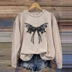 Halloween Bat Bow Print Round Neck Casual Sweatshirt
