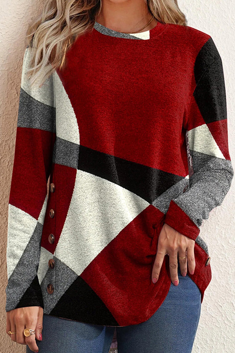 Simple Crew Neck Colorblock Long Sleeve T-Shirt