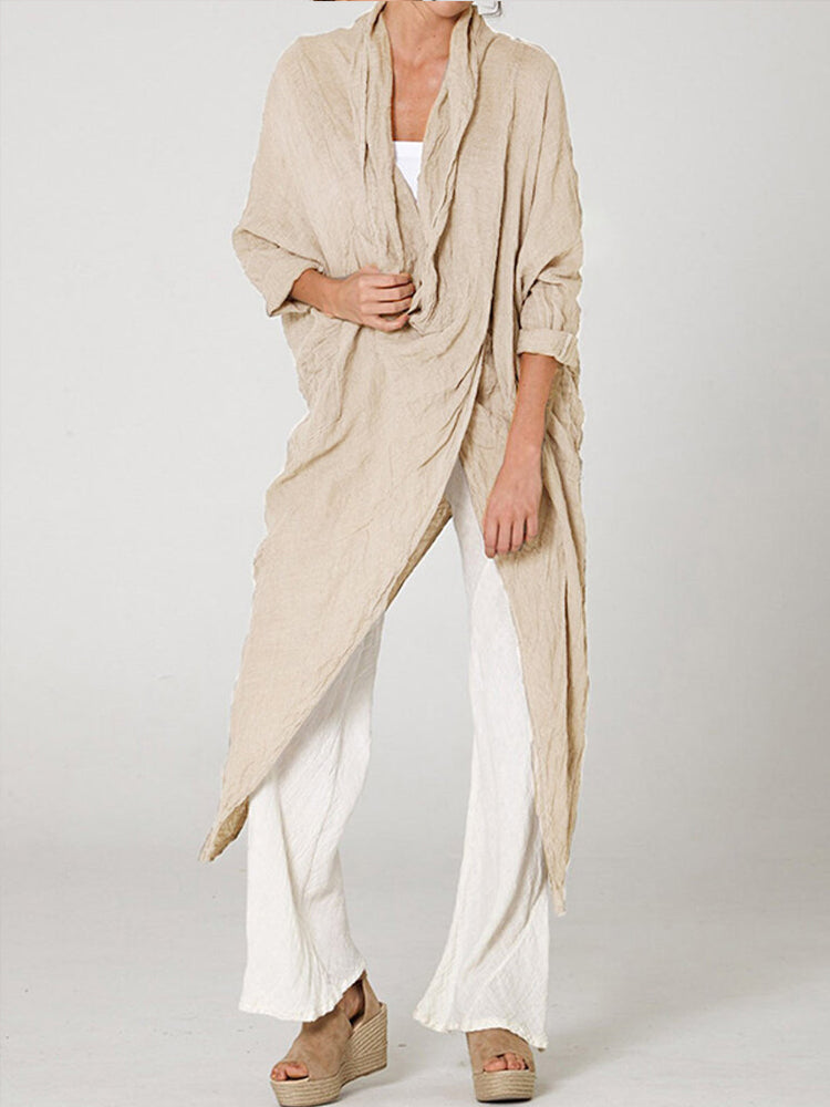Vintage Linen Blend Long Sleeve Pile Collar Asymmetrical Cardigan