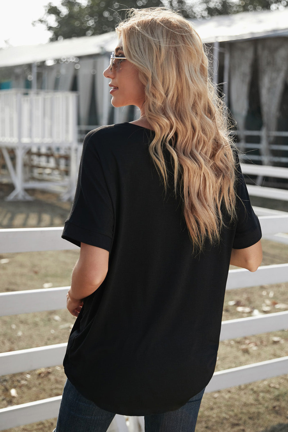 Women's Black V Neck Short Sleeves Drape Knit Top