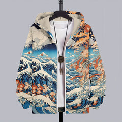 Japanese Art Wave Print Casual Zip Hoodie