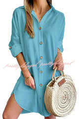 Solid Color Casual Button-Down Shirt Style Mini Dress