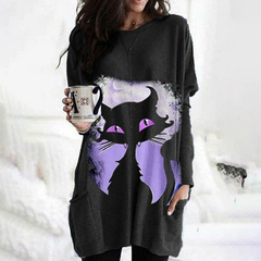 Cat Print Crew Neck Casual Tunic