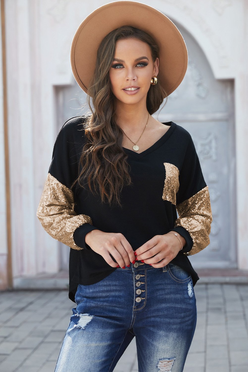 Women's Fashion Black Sequin Splicing Black V Neck Bishop Sleeves Top
