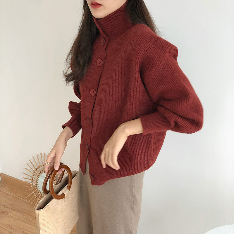 High-Necked Thick Loose Western-Style Knitted Cardigan