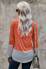 Women's Pink Stripe Pocket Sequins Splicing O-neck Long Sleeve Top
