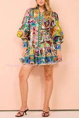 Touch of Luxury Unique Print Balloon Sleeve Button Shirt Mini Dress