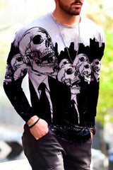Crew Neck Halloween Skull Print Long Sleeve T-Shirt
