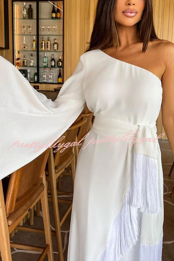 Solid Color One-sleeve Waisted Lace-up Fringed Hem Elegant Maxi Dress