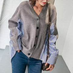 V-neck loose fake two-piece knitted cardigan