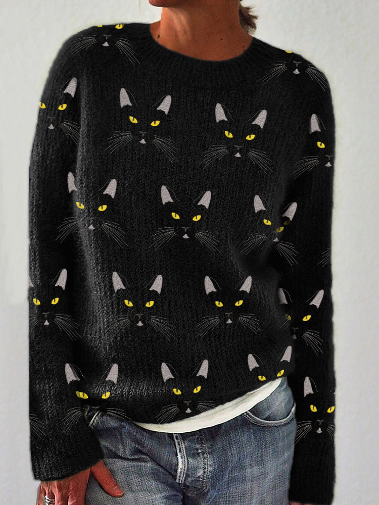 Black Cat Faces Embroidered Pattern Cozy Knit Sweater