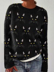 Black Cat Faces Embroidered Pattern Cozy Knit Sweater